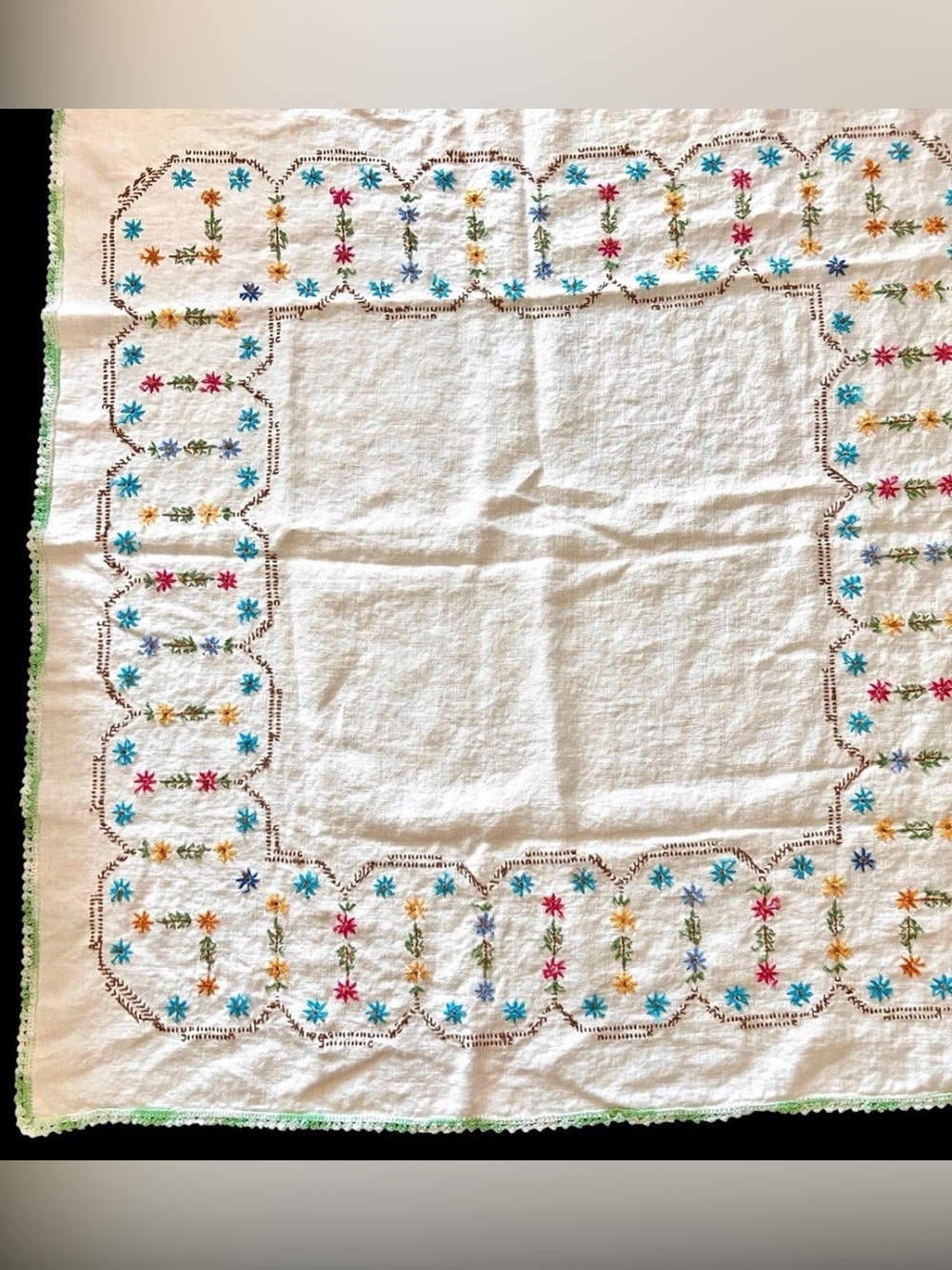 Vintage White Linen with Floral Needlework Tablecloth 36x33" Green Trim MCM